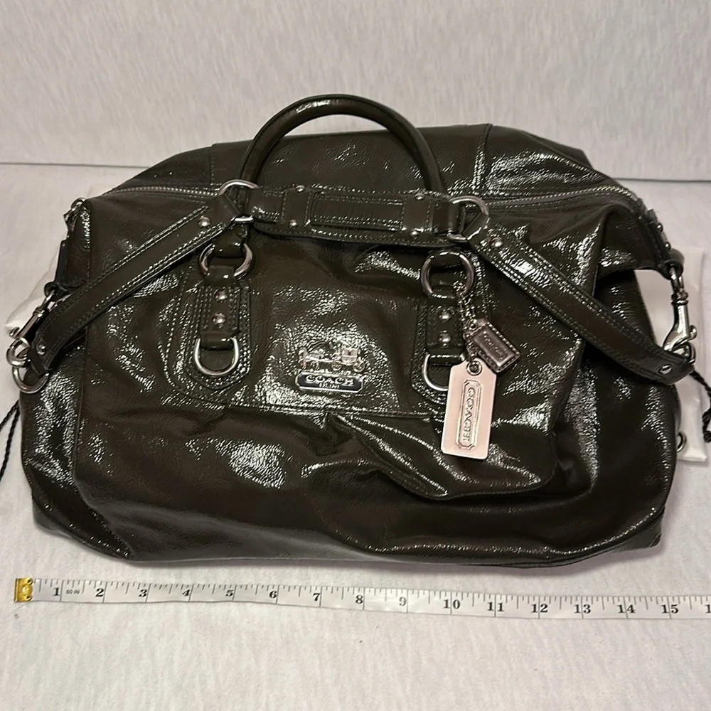 Coach Madison Sabrina Satchel Olive Green/Gray Authentic Patent Leather Purse